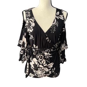 RE VAVA Floral Cold Shoulder Ruffle Wrap Top